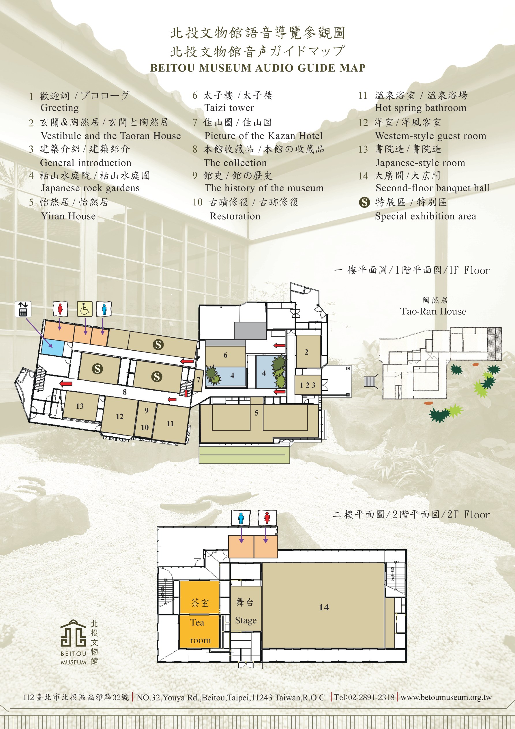北投文物館導覽平面圖，包括一、二樓的導覽編號